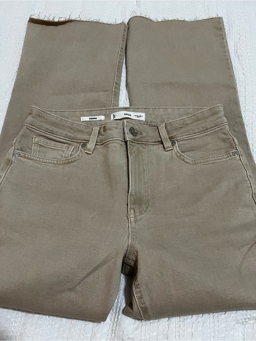 Mango Crop Flair Straight Jeans in Sand Sz 8 MNG Khaki Denim Raw Hem Stretch - Picture 5 of 11